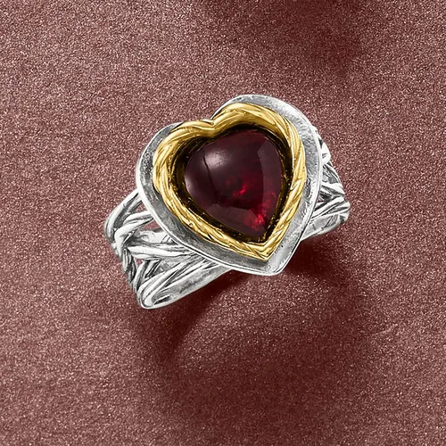 Miniatura 4 de Ross-Simons Anillo de corazón granate de 4 quilates en plata de ley y oro amarillo de 14 quilates