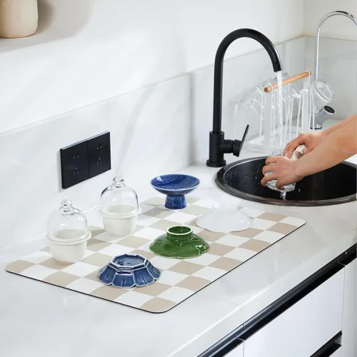 Miniatura 2 de Ohocut Tapete de secado de platos a cuadros para encimera de cocina, accesorios de estación de cafetería, estética, retro, moderna, absorbente