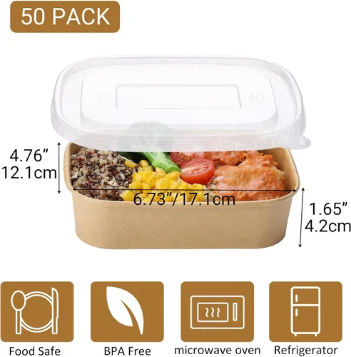 Miniatura 2 de 50 juegos de tazones de papel kraft desechables de 17 oz con tapas, recipientes de papel para alimentos rectangulares con tapas, ensaladeras