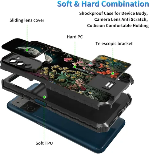 Miniatura 107 de Funda para Samsung Galaxy S22 Ultra 5G, Galaxy S22 Ultra con cubierta de cámara deslizante, funda resistente de doble capa con función atril Black