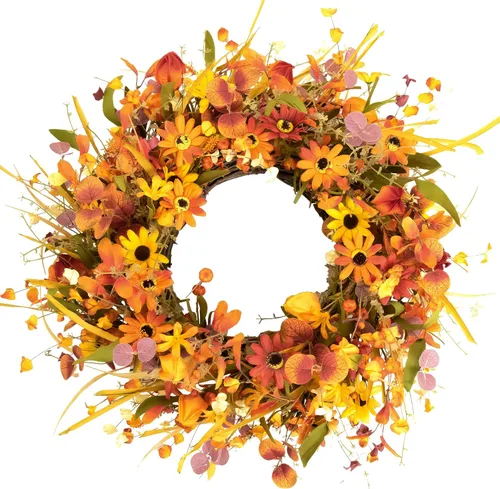 JINGHONG Corona de otoño de 20 pulgadas para puerta delantera, corona de otoño artificial floral con margaritas coloridas, follaje naranja para