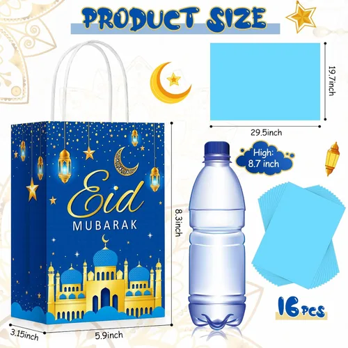 Miniatura 2 de Censen 16 juegos de bolsas de regalo de Eid Mubarak con papel de seda, bolsas de golosinas de Ramadán para suministros de fiesta de Ramadán (azul)