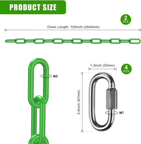 Miniatura 6 de 2 cadenas de columpio de 100 pulgadas con mosquetones, capacidad de 1000 libras, cadenas colgantes recubiertas resistentes, cadenas colgantes