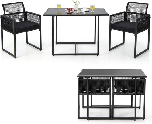 Tangkula Juego de comedor para exteriores de 3 piezas, juego de muebles de patio de ratán PE con respaldo plegable, cojines de asiento acogedores,