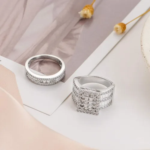 Miniatura 3 de Hiyong Juego de anillos de boda para mujer, oro blanco, circonita cúbica, anillos de compromiso de plata de moda para mujer