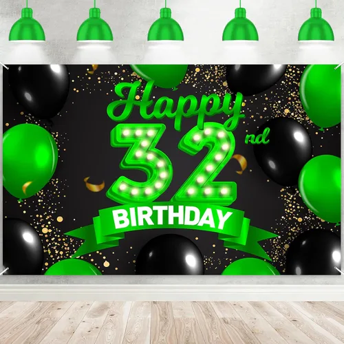Miniatura 71 de Cartel de feliz cumpleaños 26 verde y negro, telón de fondo con texto en inglés "Cheers to 26 years old confeti", globos de confeti, decoración