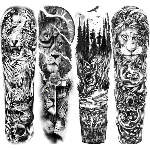 Manga de Tatuaje Temporal de León y Leopardo para Hombres y Mujeres, Manga Completa Grande de Bosque Negro Lobo Tribal, Tatuajes Falsos de Duración