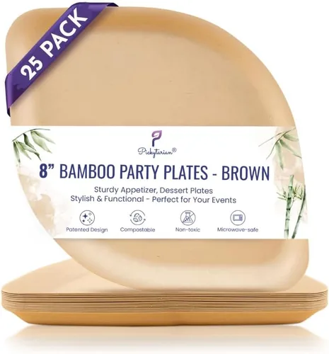 Platos desechables de bambú marrón – Platos compostables de aperitivo de 8 pulgadas – Platos de postre de ensalada biodegradables resistentes –
