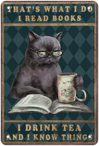 Cartel de metal de aluminio con texto en inglés "Cat Kitty-I Read Books And Drink Tea", regalo para amantes de los gatos, para baño, jardín,