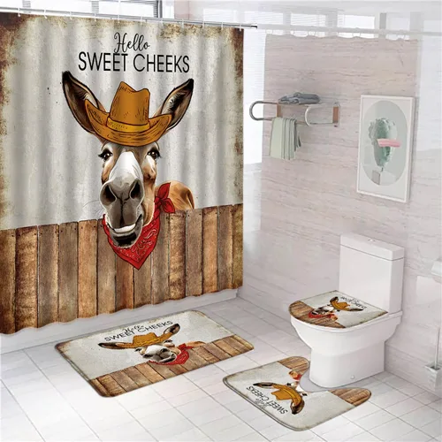 Juego de 4 cortinas de ducha con diseño de burro divertido, bonito diseño de animales de granja, granja, tablero de madera vintage, cubierta de tapa