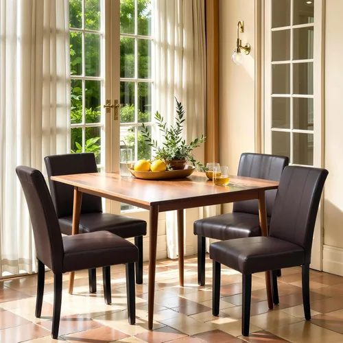 Miniatura 30 de CHUN YI Juego de 4 sillas de comedor tapizadas de piel sintética con ribete de cabeza de clavo y patas de madera, sillas laterales Parsons modernas