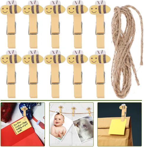 Miniatura 4 de ABOOFAN 30 pinzas para la ropa con cuerda de madera con clips de fotos de abeja para colgar fotos, ropa, manualidades, artes al aire libre e