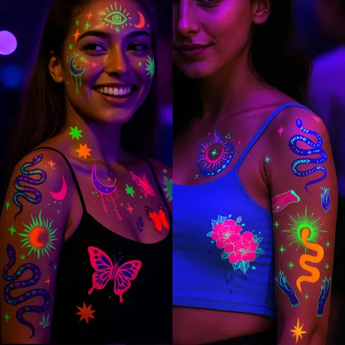 Miniatura 2 de Tatuajes temporales de neón UV, 12 hojas de tatuajes de fiesta que brillan en la oscuridad para adultos y niñas, patrones de doble vibración