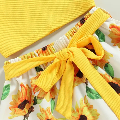 Miniatura 67 de TheFound Trajes de verano para niñas pequeñas, sin mangas, de punto acanalado, halter, pantalones cortos, ropa para recién nacidos, conjunto de 3