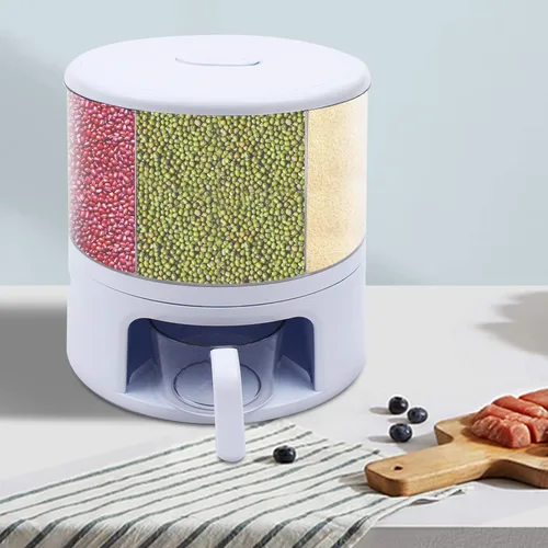 Miniatura 5 de Dispensador de cereales giratorio de 360°, salida de arroz con un solo clic, taza de tanque multigrano redonda visible, contenedor de arroz seco