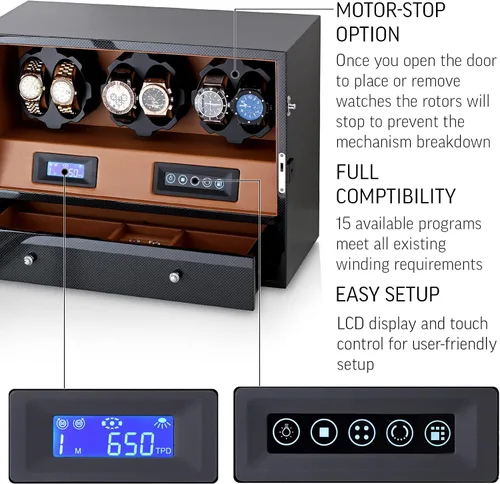 Miniatura 5 de 6 Watch Winder with Jewelry Storage Drawer, LCD Display, Touch Control and Interior Backlight