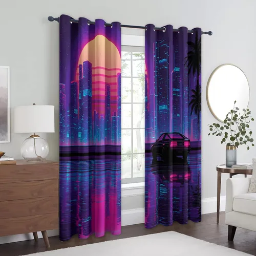 Miniatura 3 de Neon Palm Tree Curtains for Living Room, Synthwave Aesthetic Blackout Curtains for Bedroom, Grommet Drapes 39 Inch Length 2 Panels Set, Neon Palm