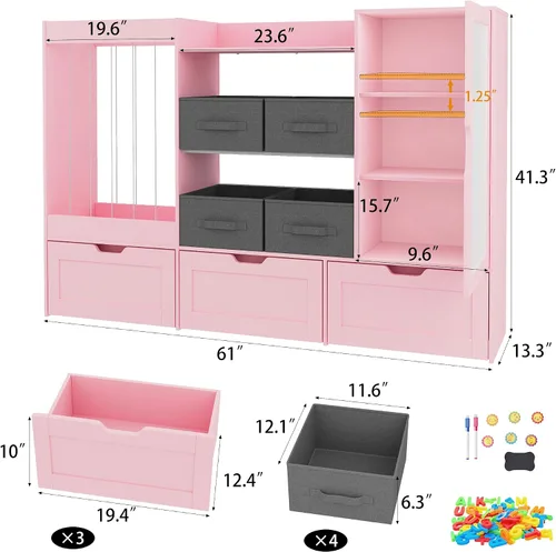 Miniatura 2 de Organizador de almacenamiento de juguetes para niños de 61 pulgadas de ancho con almacenamiento de animales de peluche, 3 cajones de almacenamiento