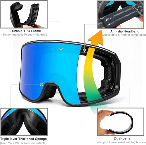 Miniatura 5 de SPOSUNE Gafas de esquí sobre gafas con doble lente Gafas de nieve antivaho anti-UV para hombres, mujeres, jóvenes, esquí, motos de nieve negro