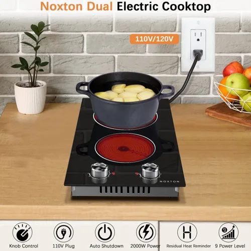 Miniatura 2 de Noxton Placa de cocina eléctrica de 110 V, 2 quemadores, estufa eléctrica enchufable de 12 pulgadas, uso integrado o sobre el mostrador, 9 niveles