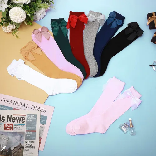 Miniatura 6 de 9 pares de calcetines hasta la rodilla para bebé con lazo de punto para niña, calcetines largos de tubo de algodón para bebé recién nacido, 9
