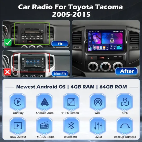 Miniatura 2 de [5G WiFi DSP 4+64G] Hikity Android 15 Estéreo para automóvil para Toyota Tacoma 2005-2015 con Carplay Android Auto, pantalla táctil IPS de 9