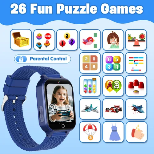 Miniatura 3 de Reloj inteligente para niños de 5 a 12 años, reloj para niños con 26 juegos, cámara, reproductor de música, podómetro, seguimiento de hábitos, Azul