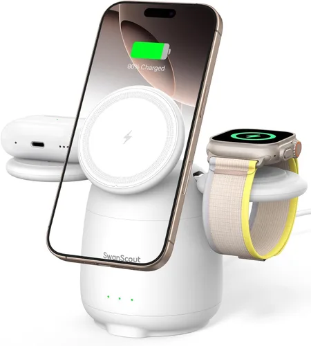 SwanScout Estación de carga para cargador MagSafe, cargador inalámbrico 3 en 1 para iPhone 17/Air/16/15/14/13/12 Series, para Apple Watch y Air