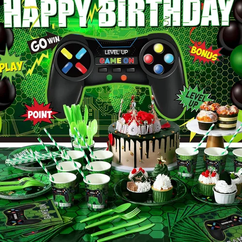 Miniatura 6 de Tatuo 152 piezas de suministros para fiesta de cumpleaños de videojuegos, cubierta de mesa para fiesta de jugadores, telón de fondo de feliz