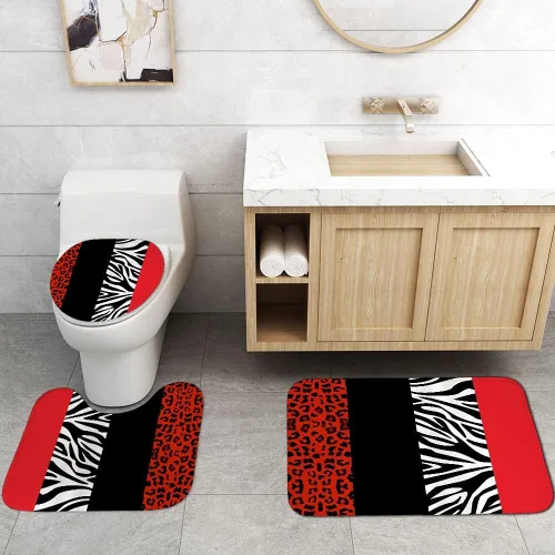 Miniatura 2 de Juego de 4 piezas de cortina de ducha con estampado de leopardo, con alfombra, cubierta de tapa de inodoro y tapete de baño, cortina de ducha roja