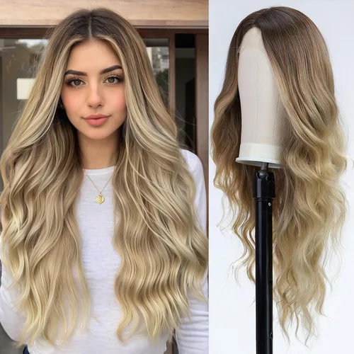 Miniatura 10 de EMMOR Peluca larga y ondulada marrón mixta para mujer, pelucas de encaje frontal, aspecto natural, 26 pulgadas, parte media, peluca rizada