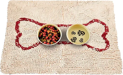 Soggy Doggy Slopmat – Beige/Red Bone – 18 x 24 pulgadas – Tapete de puerta absorbente de agua para patas fangosas y cuencos de comida/agua – Felpudo