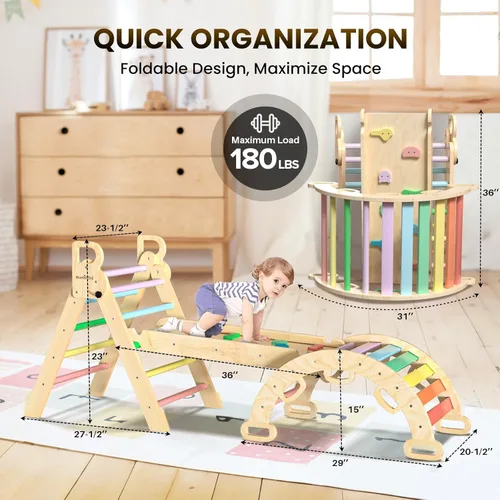 Miniatura 7 de BlueWood Pikler - Juego de triángulos 7 en 1 plegables, juguetes de escalada Montessori de madera con arco y rampa y escalera, escalador para bebés