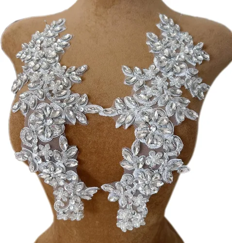 1 par de decoraciones de vestido de novia de 5.1 x 13.4 in, parches de encaje para coser con cuentas de diamantes de imitación sueltas, piedras para