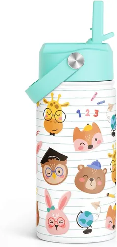 Miniatura 18 de SANDJEST Botella de Agua para Niños con Tapa de Pajita - 12 Oz Botella de Acero Inoxidable Aislada con Dibujo de Animales para Niños y Niñas - Taza