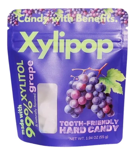 Xylipop Grape - Caramelo de xilitol amigable con los dientes, fabricado con 3 ingredientes orgánicos, sin azúcar y vegano, tratamiento seguro para