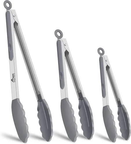 Miniatura 15 de HOTEC Pinzas de Cocina Premium de Acero Inoxidable con Bloqueo con Puntas de Silicona, Juego de 2-9" y 12" Gris Claro Paquete de 2: gris claro