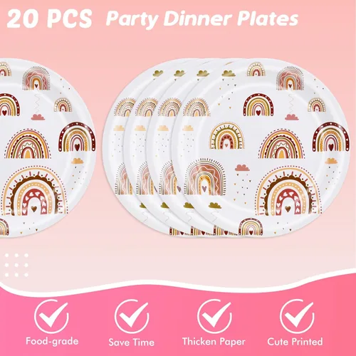 Miniatura 4 de Ryzovo Juego de 62 piezas de vajilla bohemia para fiesta de arcoíris, incluye platos de papel, servilletas, mantel para niñas y niños, decoración