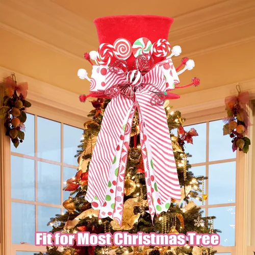 Miniatura 2 de HMASYO Decoración para árbol de Navidad de bastón de caramelo, sombrero rojo de terciopelo con lazos de menta de caramelo, adorno de cinta