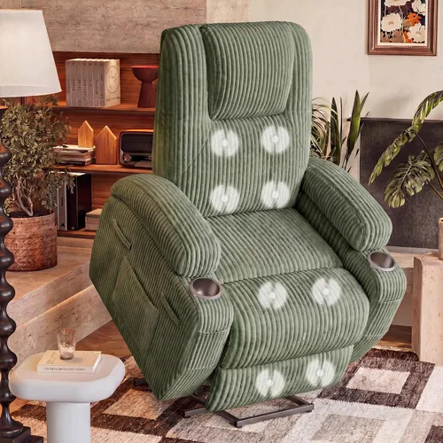 Miniatura 13 de Furmax Silla reclinable eléctrica con masaje para personas mayores, tela de pana, sillón reclinable individual con portavasos, bolsillos laterales