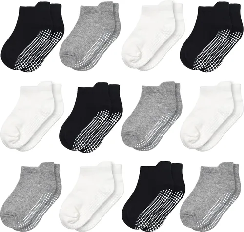 Calcetines de tobillo antideslizantes para niños, calcetines de corte bajo para niños y niñas (de 0 a 7 años), 12 pares de calcetines antideslizantes