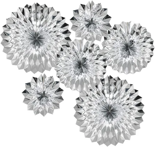 Miniatura 12 de Juego de 6 abanicos de papel para colgar en fiestas, guirnaldas de papel con patrón redondo negro para decoración de cumpleaños, bodas, eventos