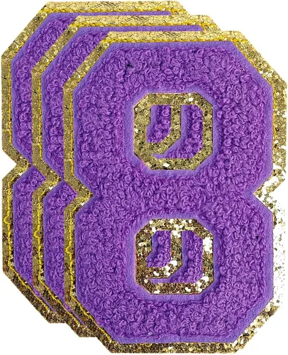 Miniatura 193 de 3 parches de números de chenilla negra, tamaño grande de 4-1/2" parches de números para planchar, parches universitarios para ropa, 8" Borde oro rosa