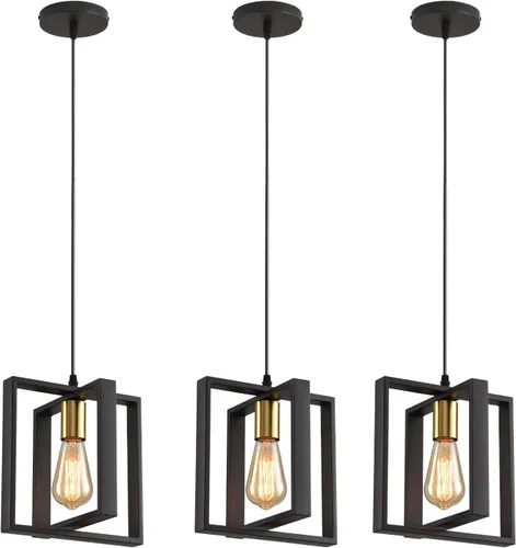 Miniatura 11 de Luces colgantes negras para isla de cocina, lámpara colgante de farol industrial con pantalla de vidrio transparente, iluminación colgante de altura