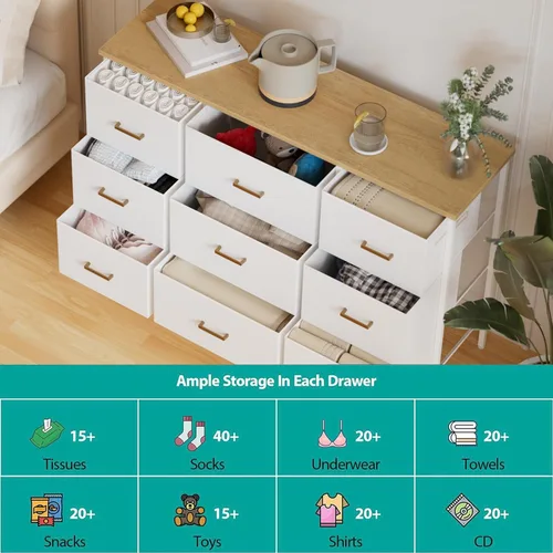 Miniatura 5 de VASICAR Soporte de TV ancho para consola de TV moderna, cómoda de 9 cajones para dormitorio, armario de almacenamiento de tela, cómoda para armario
