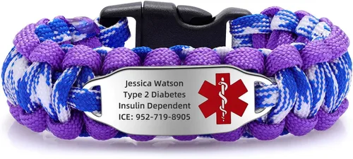Miniatura 17 de Pulsera de alerta médica Paracord para hombres y mujeres Pulsera de identificación médica de acero inoxidable con hebillas de liberación lateral