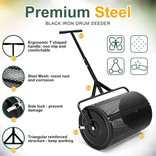 Miniatura 3 de Hiboom Esparcidor de compost de 36 pulgadas, esparcidor de turba y musgo, rodillo de estiércol con mango ajustable en forma de T, malla metálica
