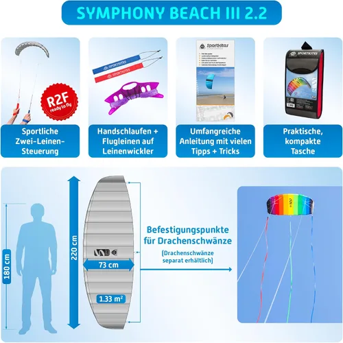 Miniatura 2 de HQ Symphony Beach III 2.2 - Cometa deportiva de doble línea, arco iris