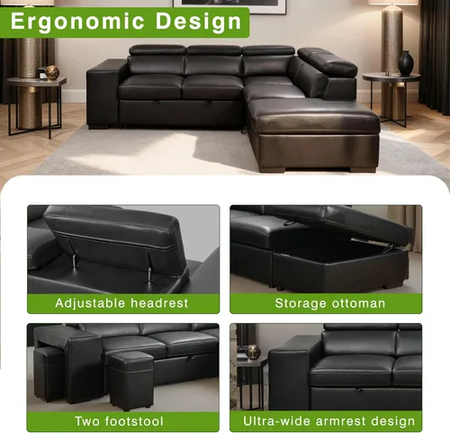 Miniatura 3 de THSUPER Sofá Seccional Reclinable de Cuero de 103 pulgadas en Forma de L con Cama Extraíble y Otomana de Almacenamiento, Sofás Convertibles