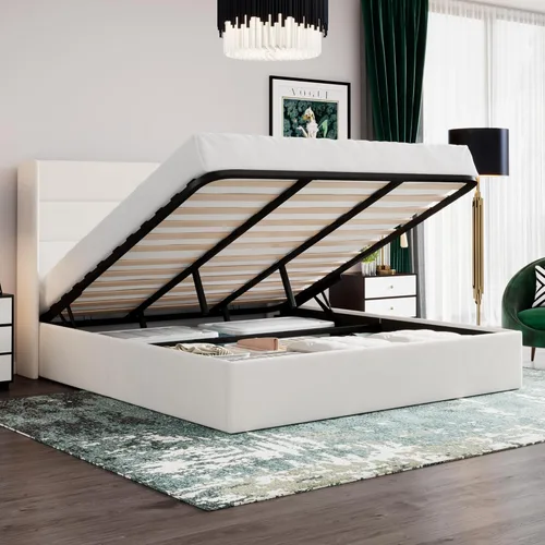 Miniatura 19 de SHA CERLIN - Cama de tamaño completo con almacenamiento elevado/Cabecero abatible moderno/Base de cama tapizada con plataforma/Almacenamiento Beige